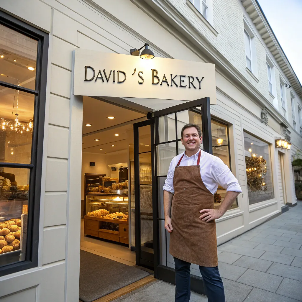 David Collins proudly standing in front of his newly opened bakery