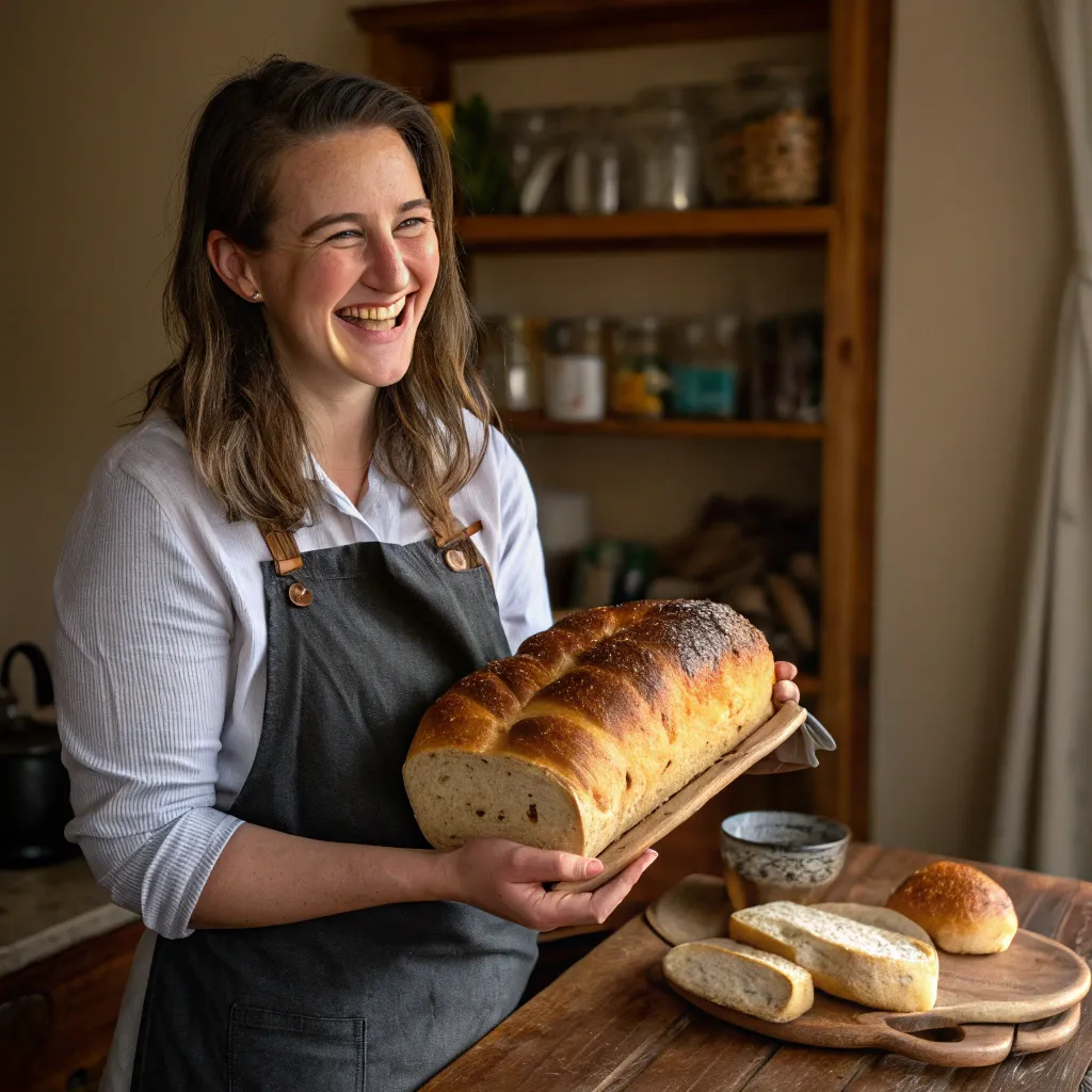 Emily Thompson joyfully displaying her freshly baked bread