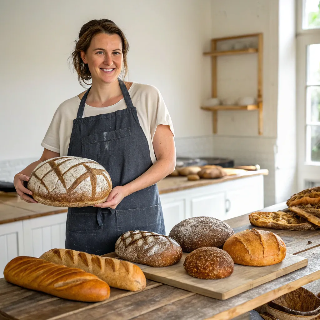 Sarah Johnson presenting a selection of her artisan breads